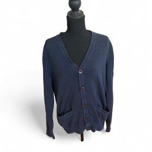 Lands End Supima Cotton Navy Cardigan Medium Pockets Preppy Classic